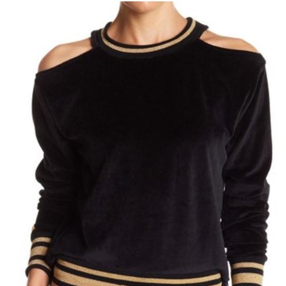 C&C California Large Black Velvet Star Cold-Shoulder Top Gold Leggings Set Yoga - Picture 1 of 10